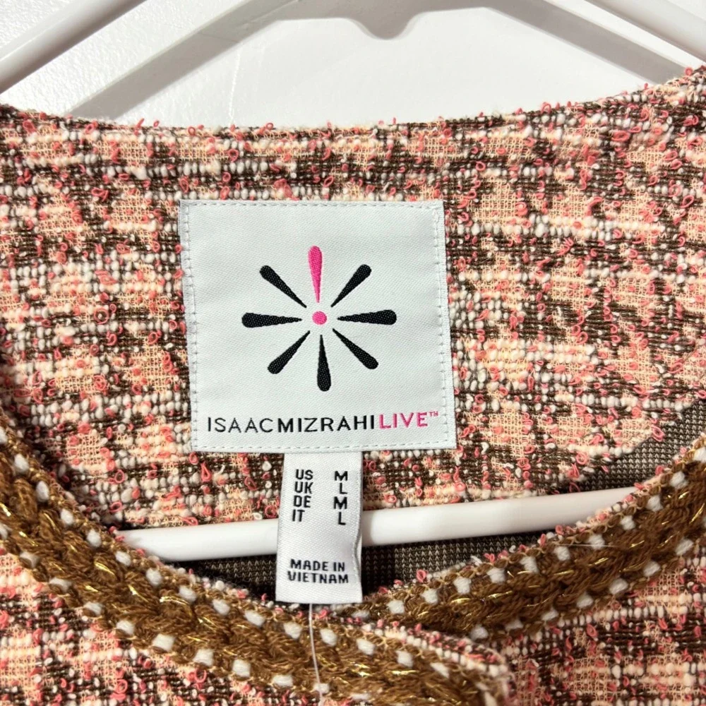 Isaac Mizrahi Live Womens‎ Pink Brown Houndstooth Tweed Jacket Gold Trim Size M
